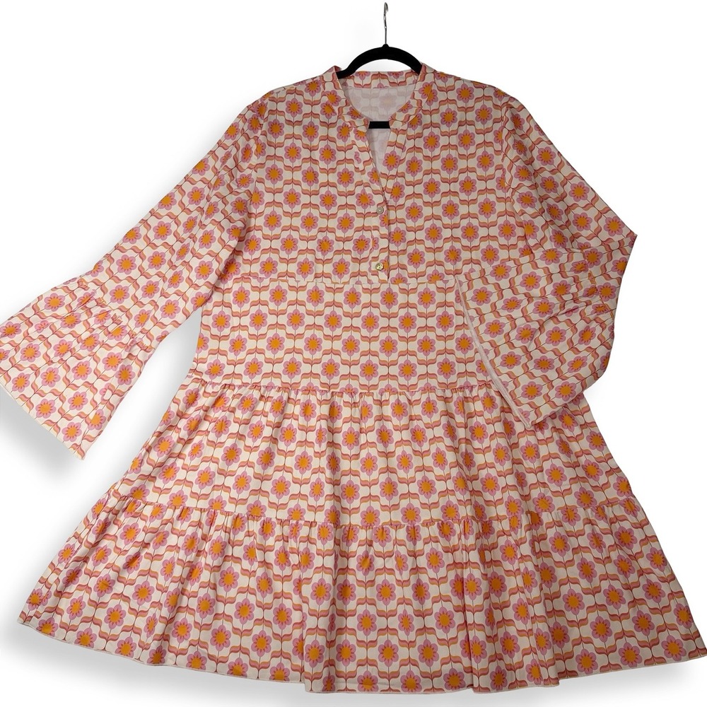 Retro Floral Tiered Mini Dress Pink Orange 70s Style Bell Sleeve Size L